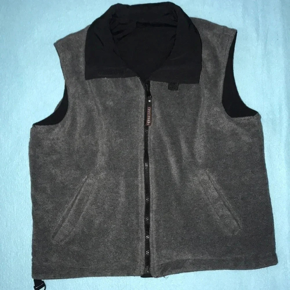 CROSSROADS reversible fleece vest black gray 4 pockets utility size M